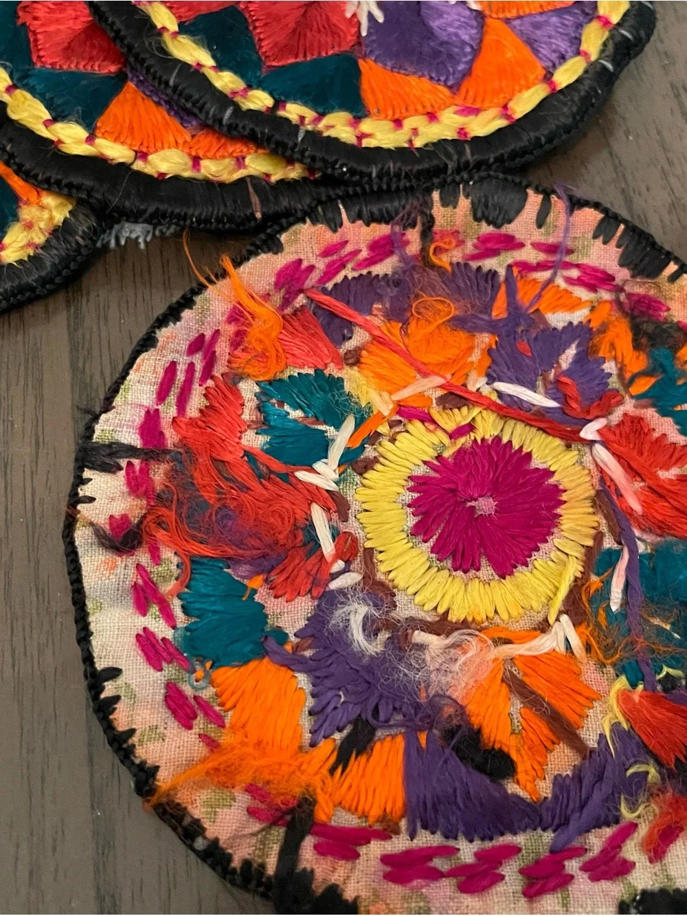 Hand-Embroidered Decorative Coaster Set - Multicolor (Orange, Teal, Purple)